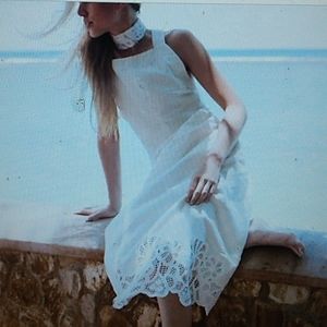 BRAND NEW ZARA Rich Lacy Edge Creamy ALL Linen SMALL Apron Style Midi Dress NWT